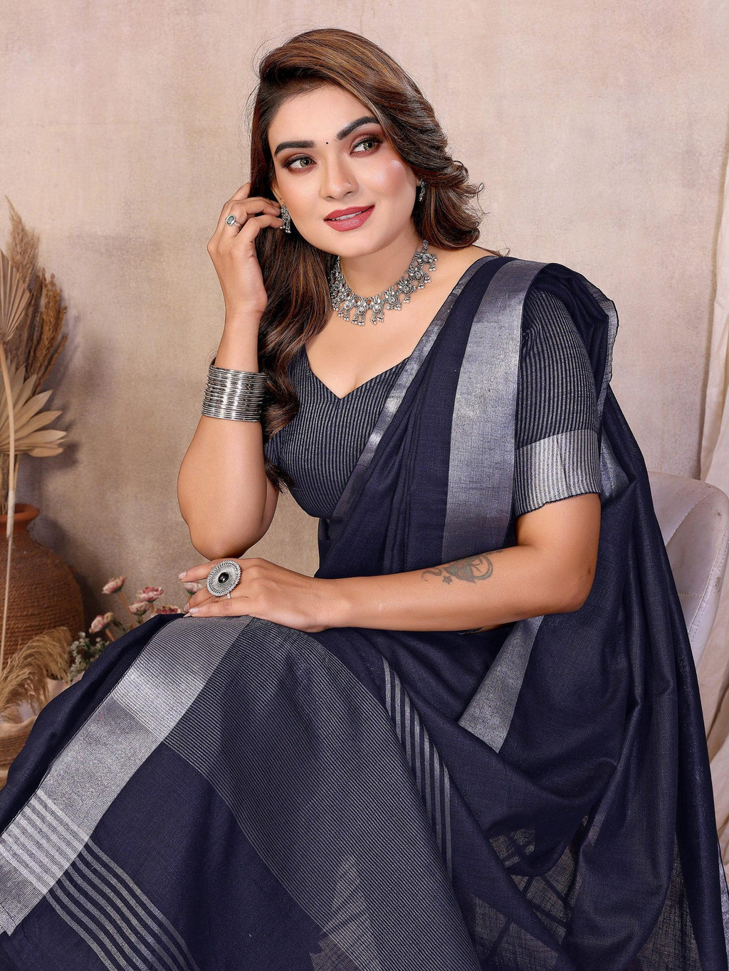 Anaita Teal Weaving Linen Cotton Saree With Blouse - Distacart