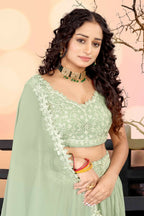 Jyoti Fashion Sea Green Two Tier Crush Georgette Lehenga Choli with Dupatta