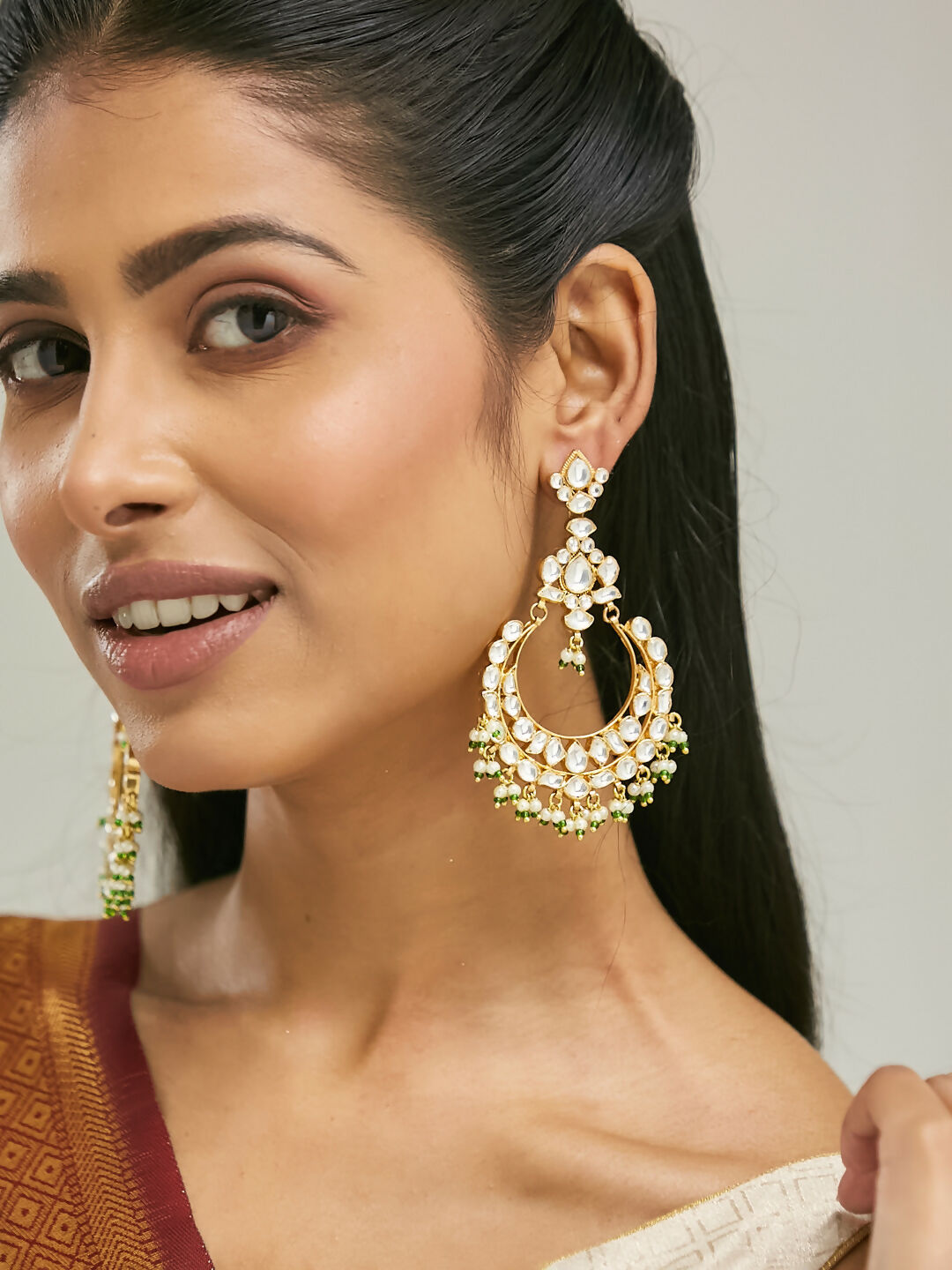 Nuyug 22K Gold-Plated Elegant Kundan Studded & Beaded Floral Chandbali Earrings - Distacart