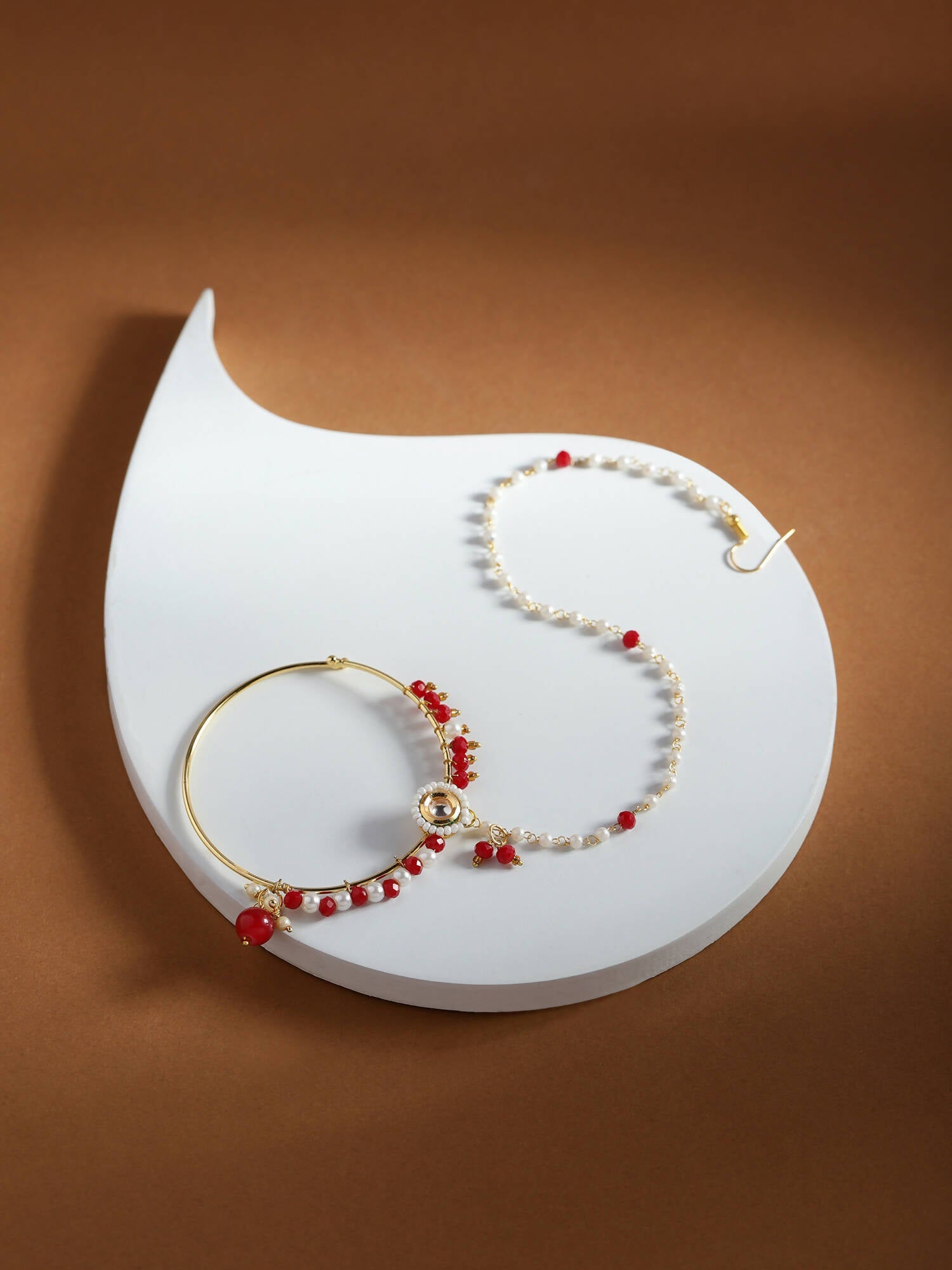 White Red Gold-Plated Kundan-Studded Beaded Nosepin - Ruby Raang - Distacart