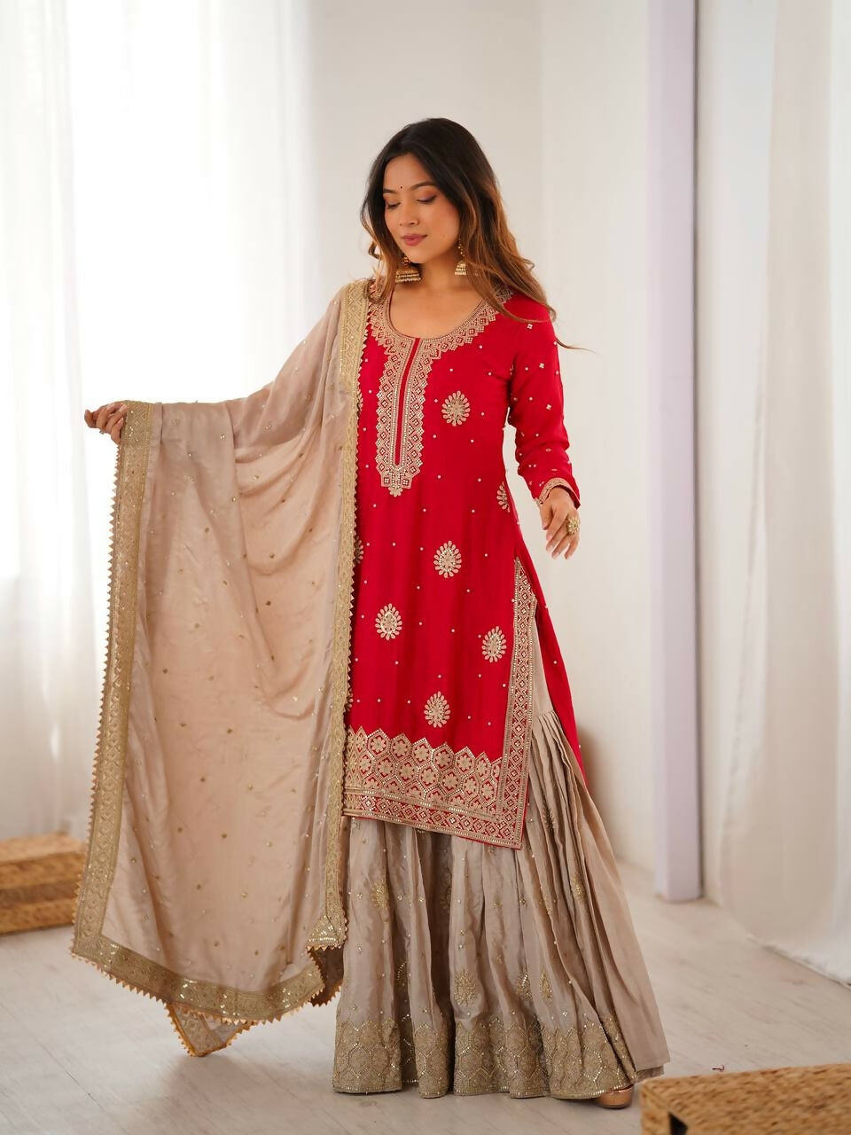 Lehenga Mart Designer Sharara Suit With Kurta, Sharara, Dupatta For Women-Red - Distacart