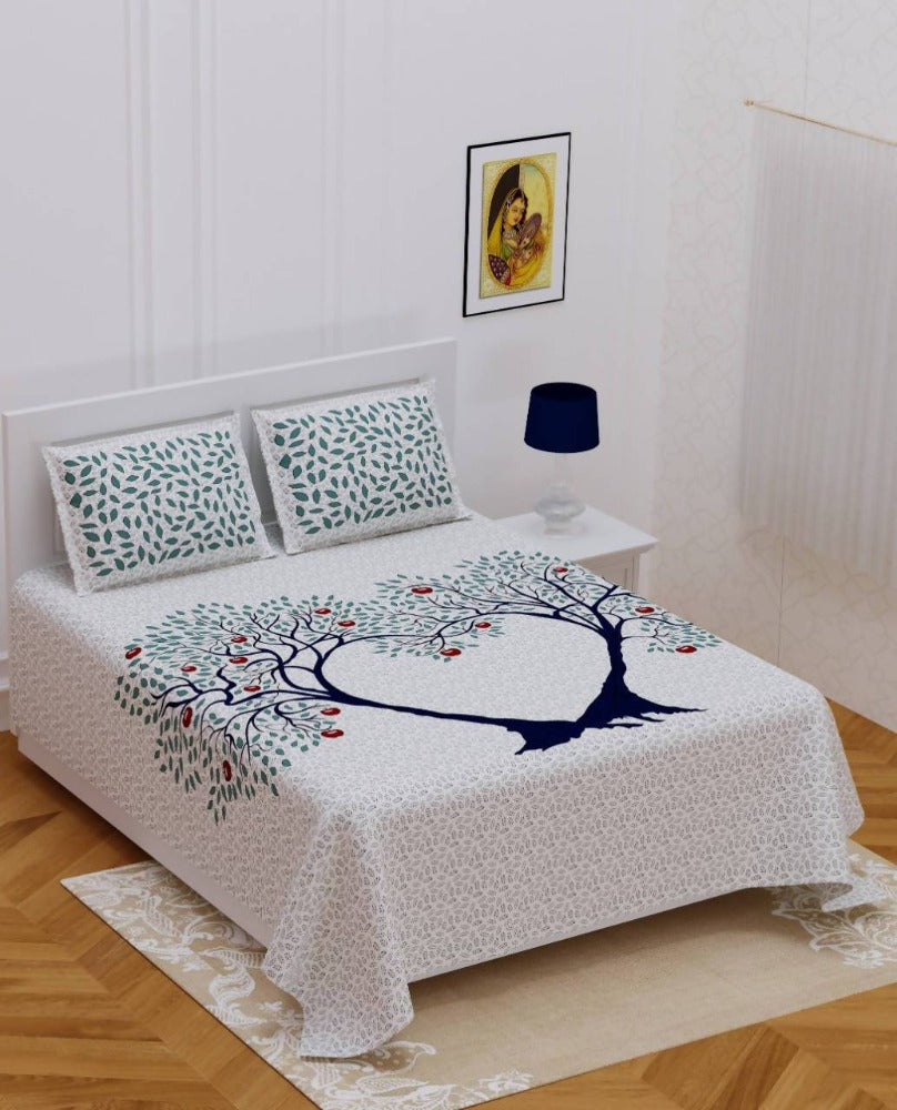 Vamika Printed Beautiful Cotton White Bedsheet With Pillow Covers (PM 2Tree Grey)