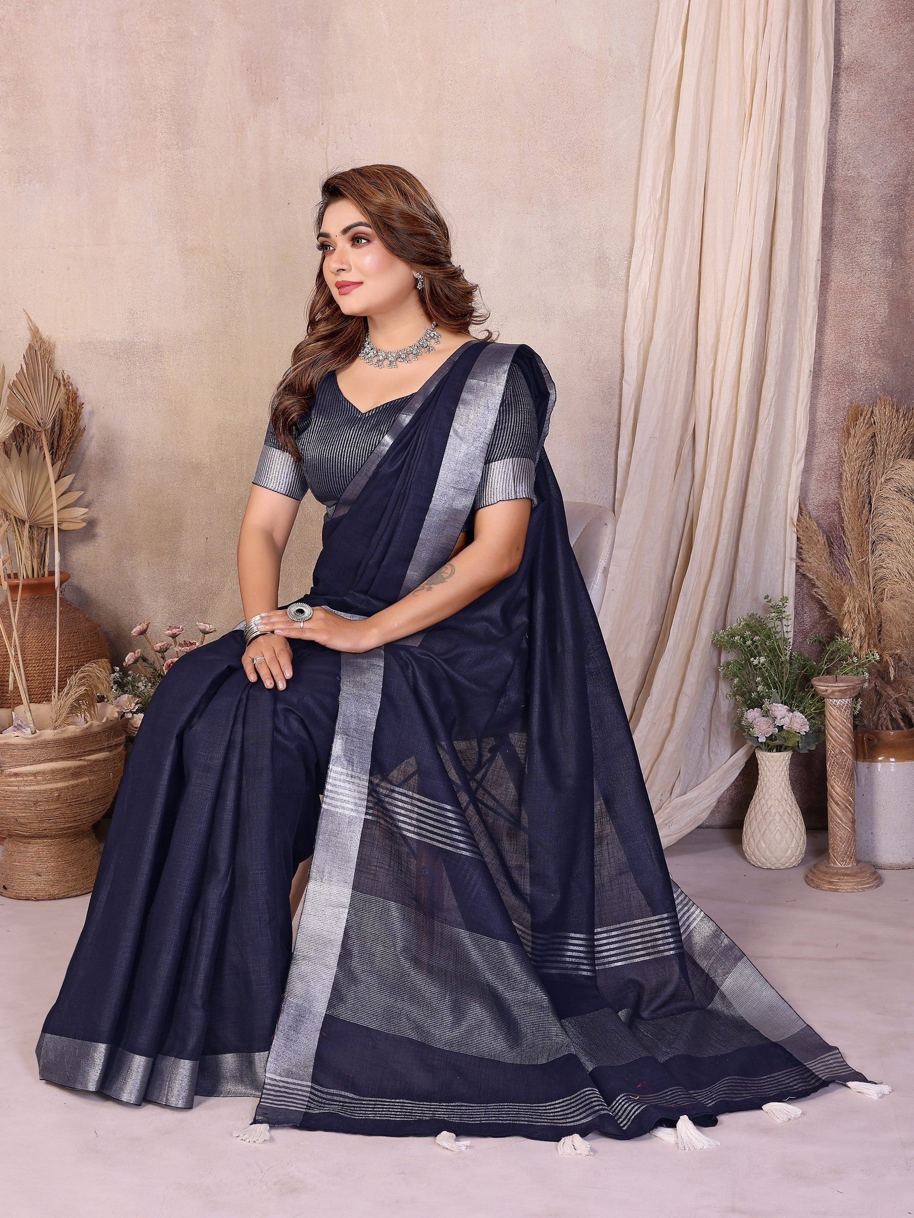 Anaita Teal Weaving Linen Cotton Saree With Blouse - Distacart