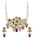 Maharani Multi Kundan Choker with Earrings- Ruby Raang