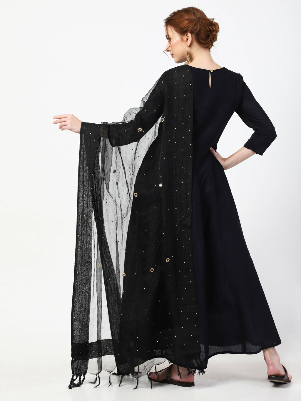 Cheera Embellished Party Wear Anarkali Dress with Dupatta - Black