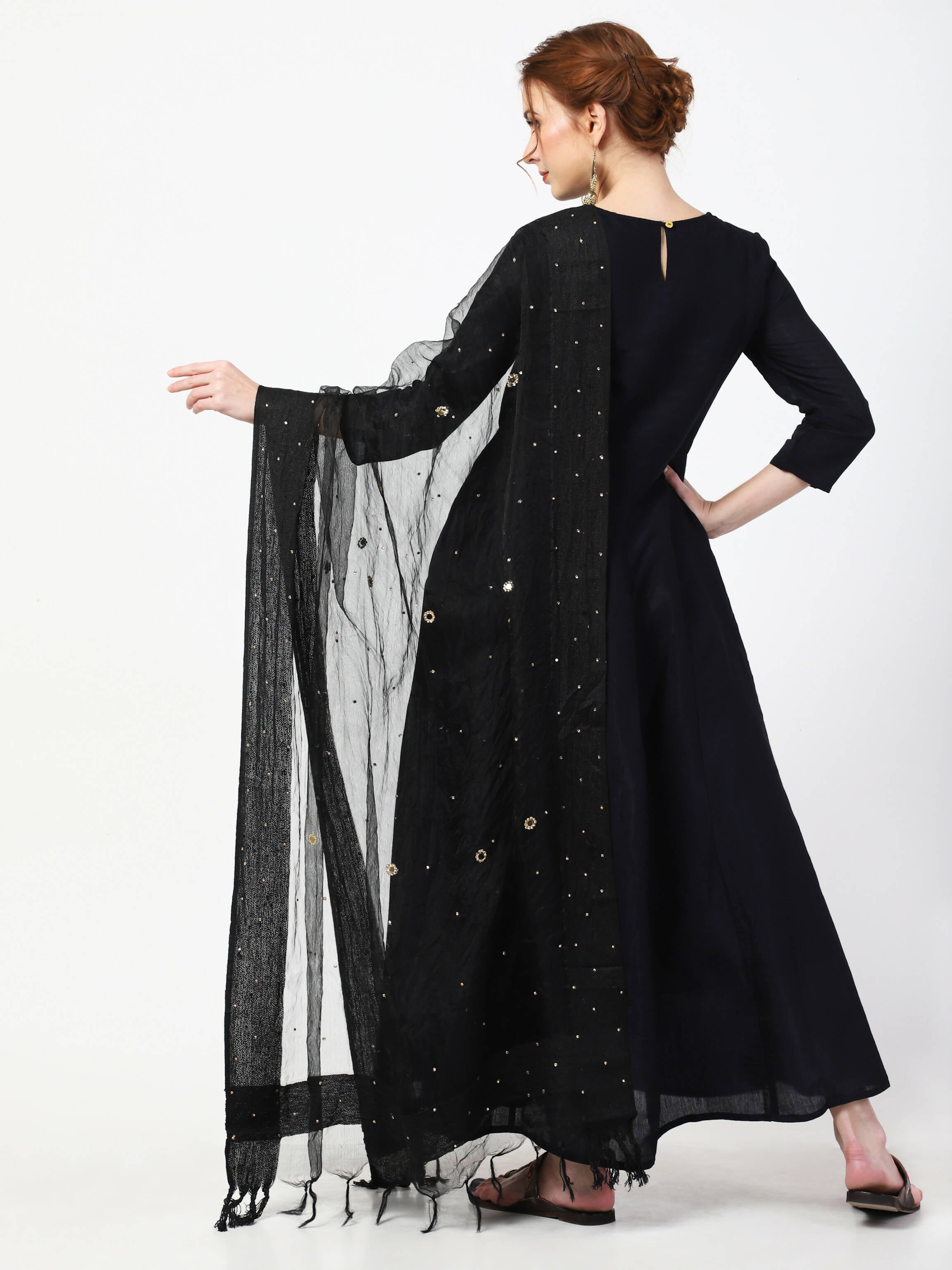 Cheera Embellished Party Wear Anarkali Dress with Dupatta - Black