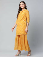 Ahalyaa Womens Mustard Georgette Gold Foil Printed Kurta Sharara Set With Dupatta - Distacart