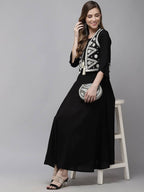 Yufta Women A-Line Black Dress With White Embroidered Jacket