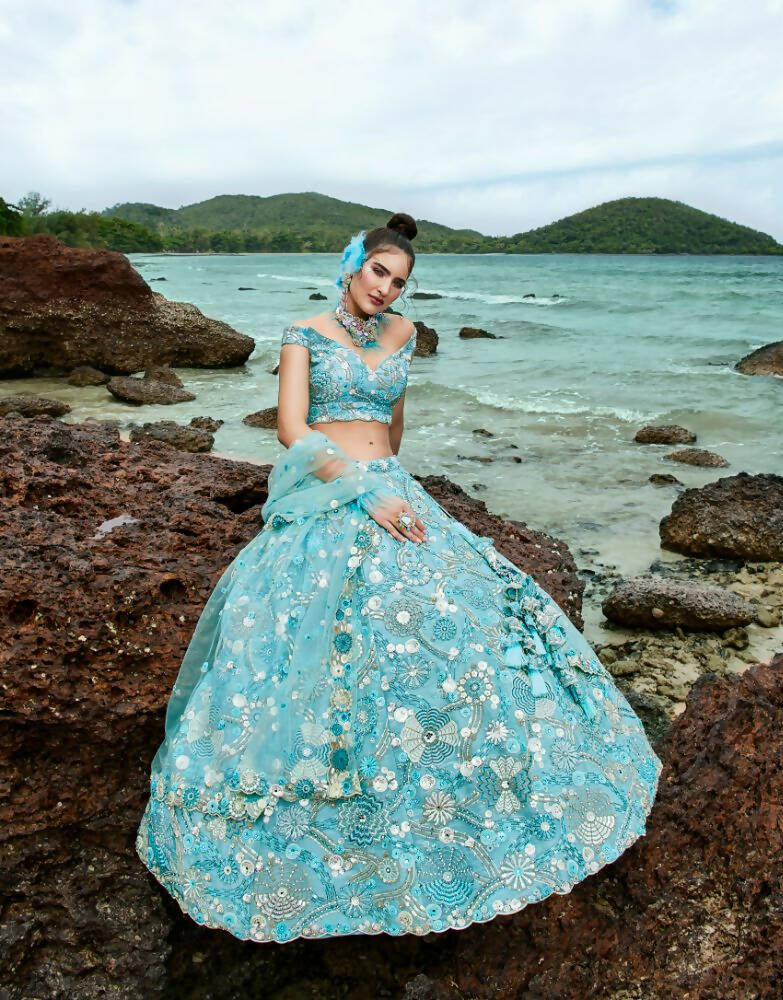 House of Panchhi Sky Blue Organza Sequins, Zarkan And Thread Embroidery Lehenga Choli & Dupatta