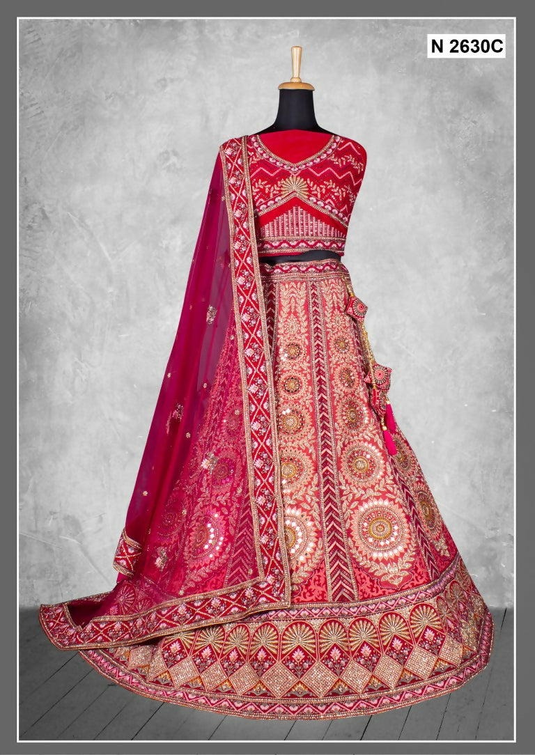 Red Velvet Zardosi Work With Pure Mirror Work Lehenga Choli - Nimaya Tyohar