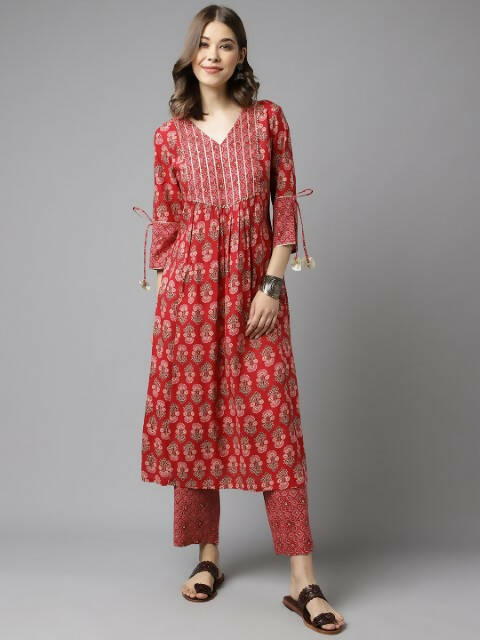 FIORRA Women's Red Cotton A-Line Kurta Set