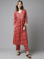 FIORRA Women's Red Cotton A-Line Kurta Set