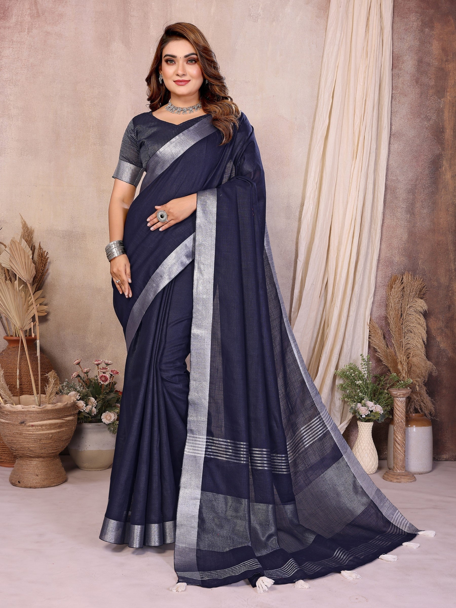 Anaita Teal Weaving Linen Cotton Saree With Blouse - Distacart