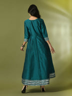 Myshka Women's Teal Solid Silk Anarkali Party Kurta