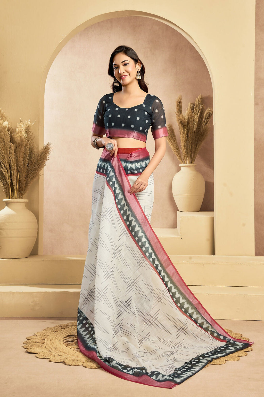 Vastranavya Digital Printed Linen Ready To Wear Pocket Saree with Unstitched Blouse - Distacart
