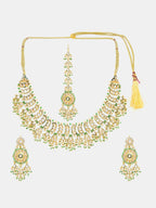 Ruby Raang Gold Polished Kundan Work Gold Kundan Collar Necklace With Earrings & Maang Tikka