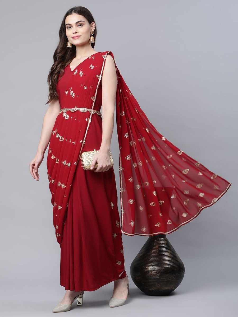 Ahalyaa Women Maroon Crepe Georgette Printed Saree Dress With Printed Pallu - Distacart