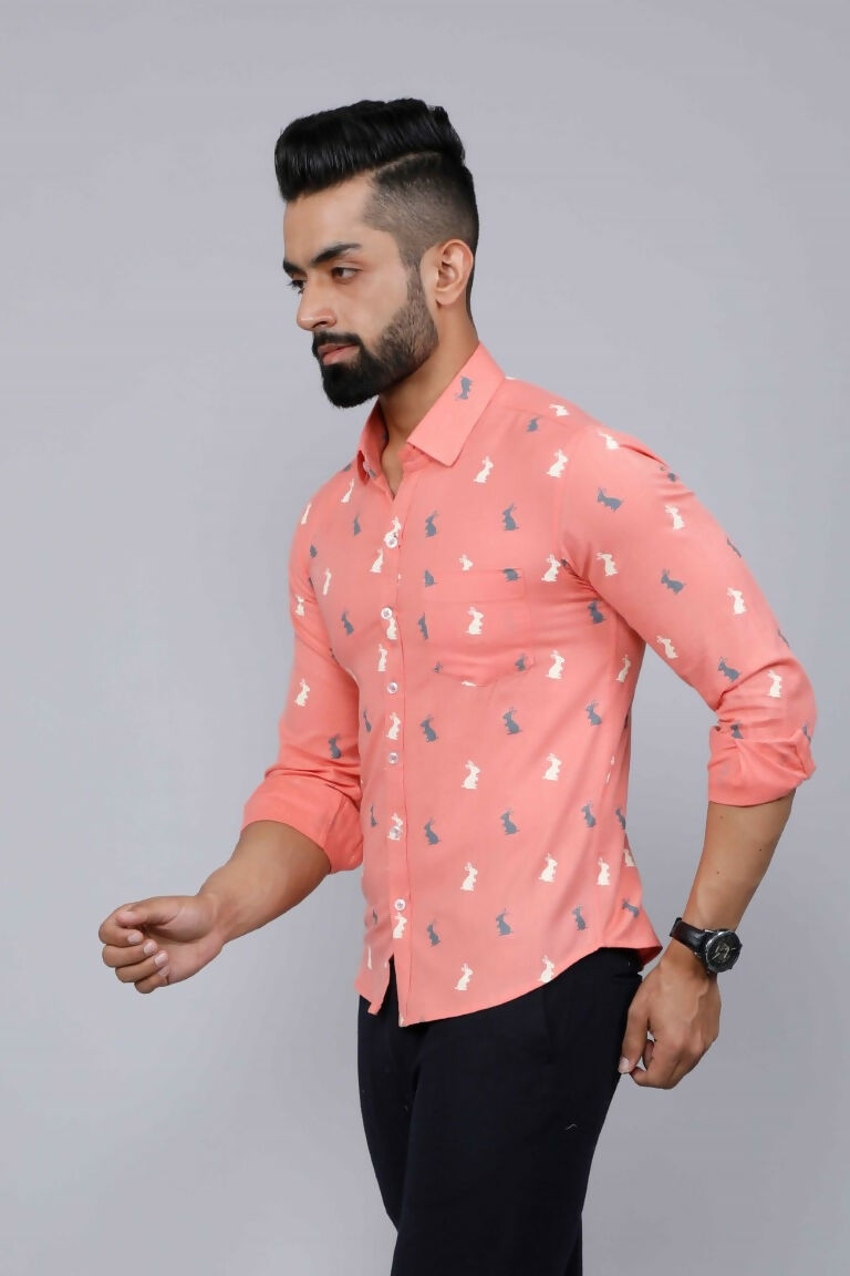 Miravan Men's Peach Spread Collar Animal Print Partywear Shirt
