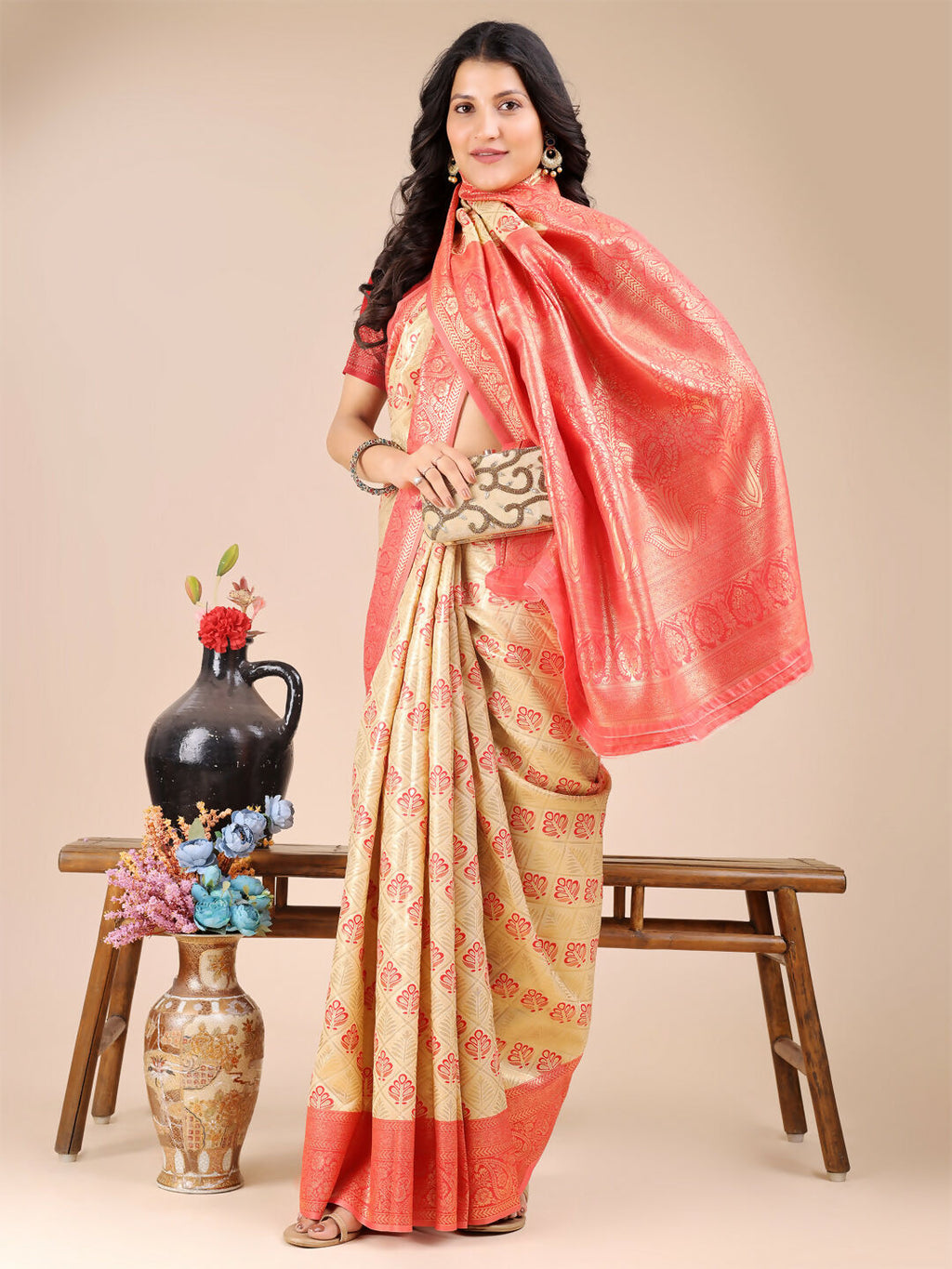 Shree Shyam Fashion Aura Silk Cream Red Banarasi Silk Saree