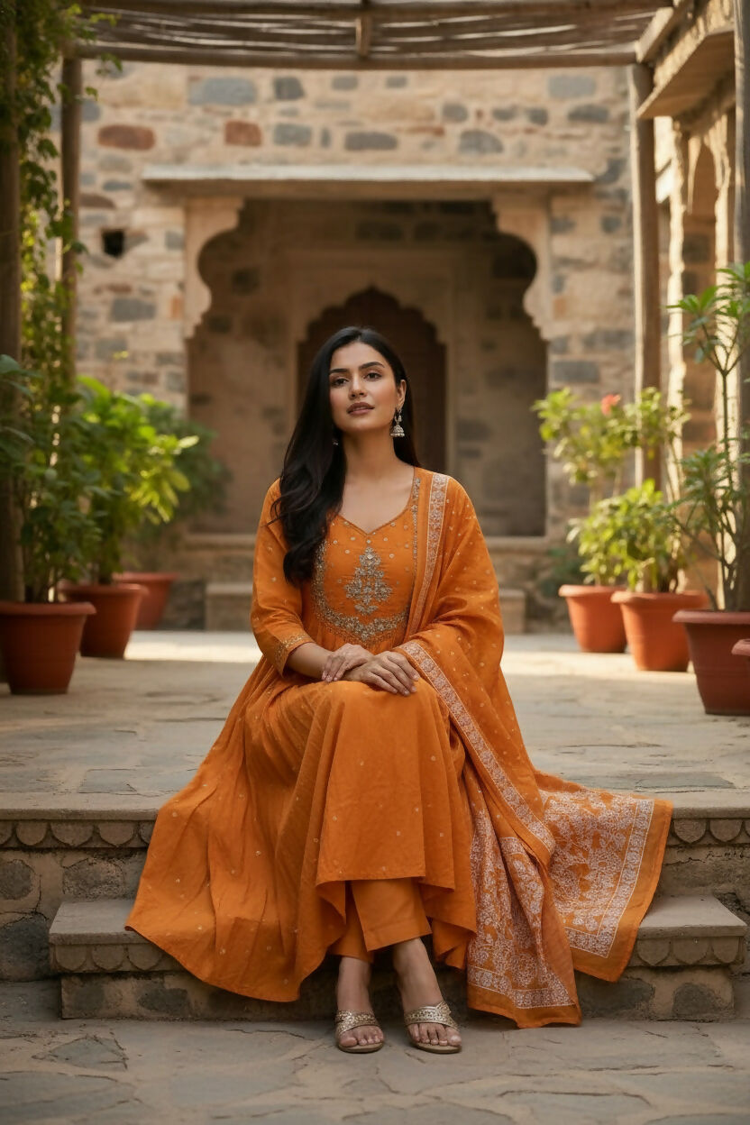 The52 Women's Beautiful Cotton Fabric Embroidery Work Flared Anarkali Pant and Dupatta Set - Distacart