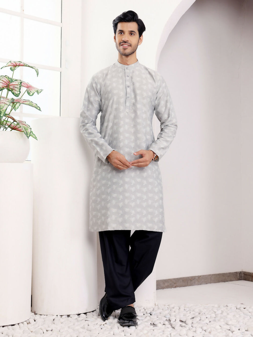 Light Grey Viscose Woven Jacquard Work Men's Kurta - Mahotsav