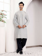 Light Grey Viscose Woven Jacquard Work Men's Kurta - Mahotsav