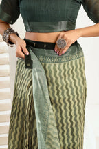 Joban Fashion Cream Zig Zag & Chevron Linen Ready To Wear Saree With Unstitched Blouse - Distacart