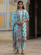 Juniper Women's Skyblue Cambric Floral Placement Printed Straight Fit Kurta Sets - Distacart