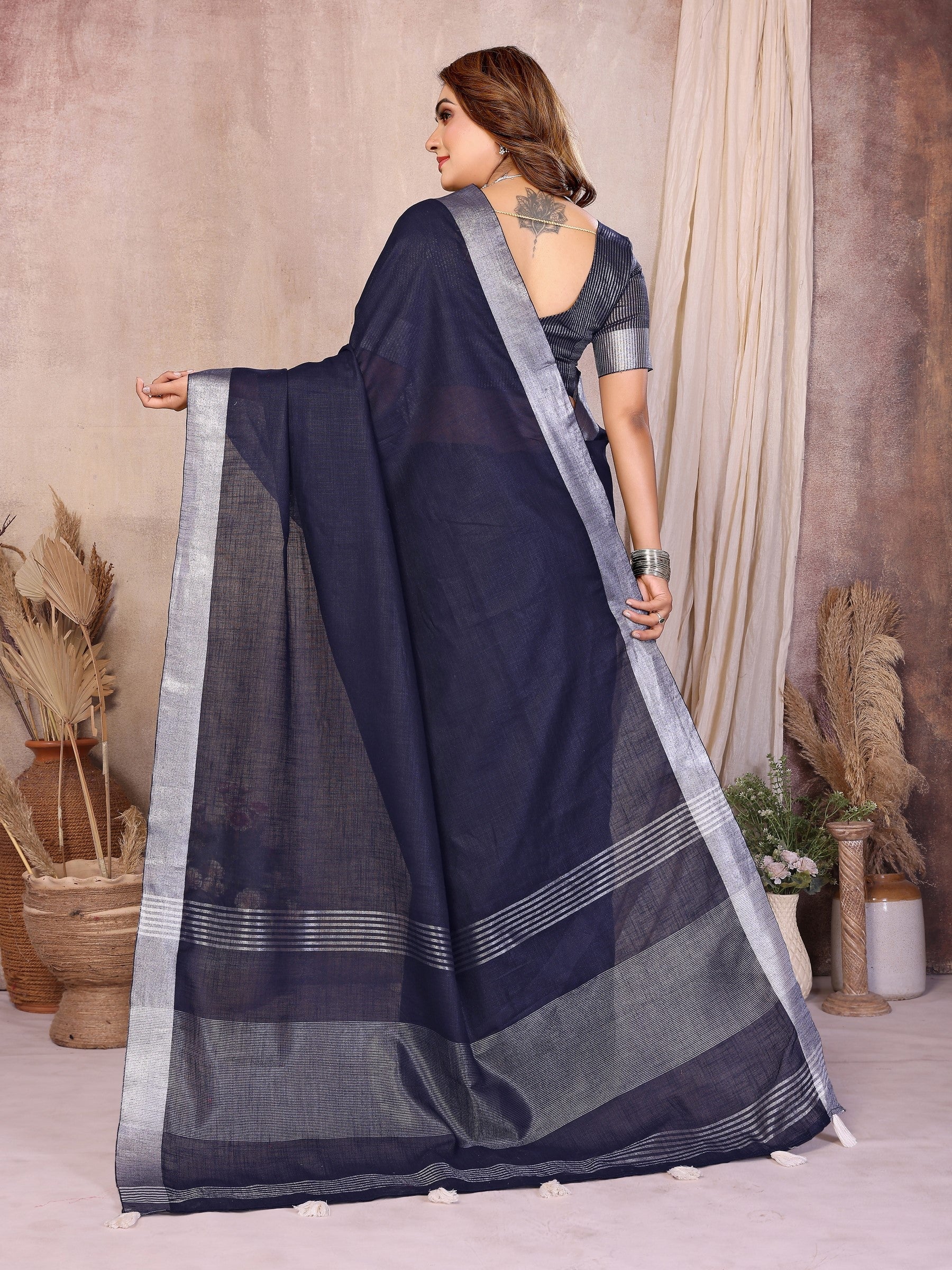 Anaita Teal Weaving Linen Cotton Saree With Blouse - Distacart