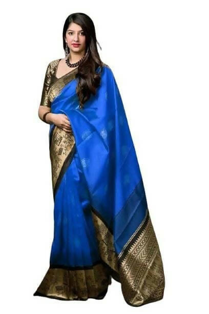 DEIANA'S Beautiful Designer Golden zari Soft Lichi Silk Saree - Royal Blue