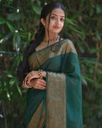 DEIANA'S Beautiful Designer Golden zari Soft Lichi Silk Saree - B Green