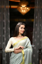 Very Much Indian VMI Exclusive Designer! Handloom Cotton Silk Saree With Sleek Golden Border - Sage Grey