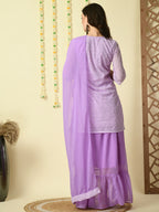Myshka Women's Purple Georgette Kurti & Skirt With Dupatta Party Sets