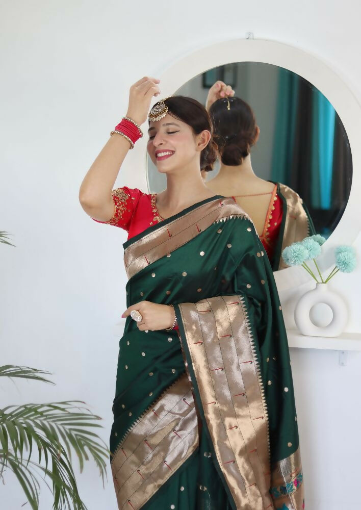 Green Woven Jacquard Designer Embroidery Work Party Wear Saree - Parampara