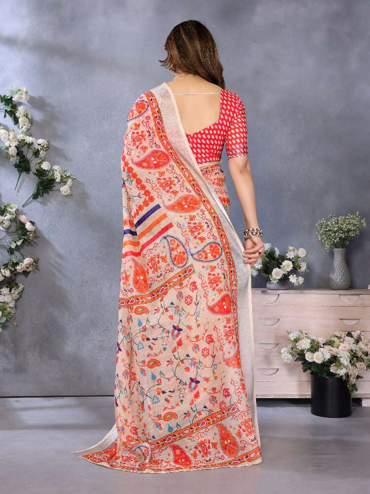 PR Fashion Orange Handloom Linen Cotton Saree