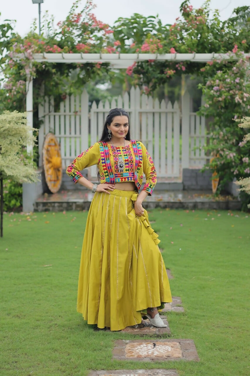 Teeya Creation Parrot Green Colour Roman Silk With Gamathi Work Navratri Lehenga Choli