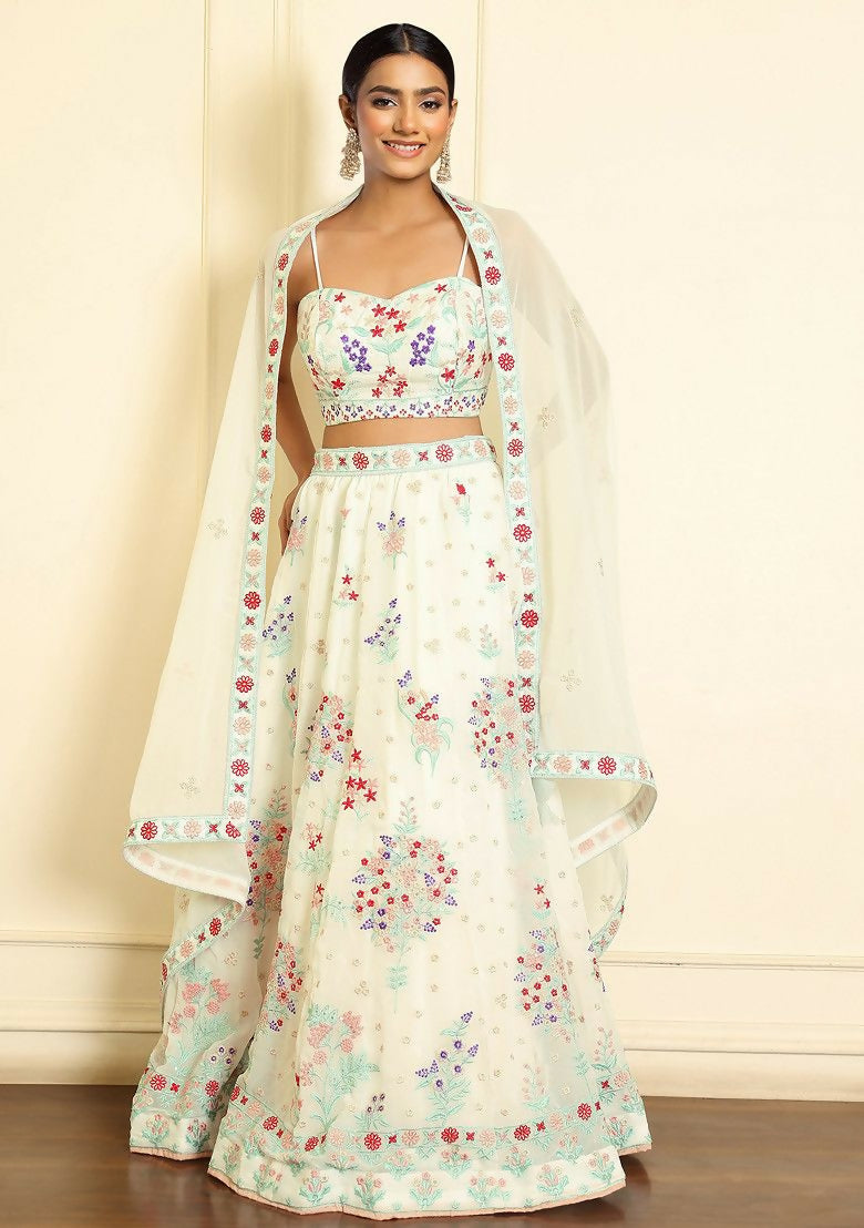Eilara Glamorous Off White Thread Embroidered Georgette Lehenga Set