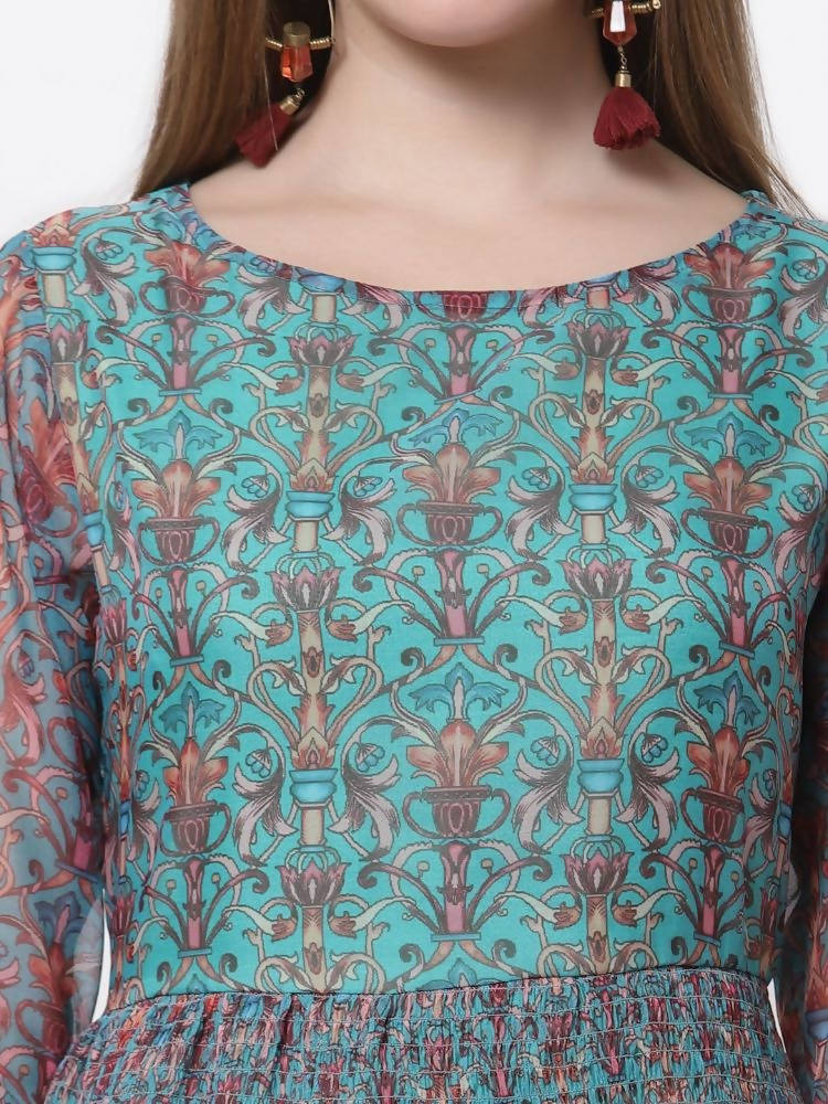 Myshka Blue Color Organza Printed Dress