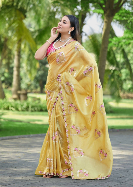 Teeya Creation Yellow Color Pure Paper Silk Heavy Embroidery Work Wedding Wear Saree