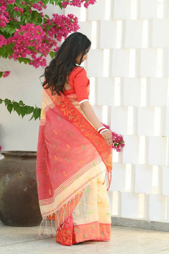 Beatitude Yellow Slub Cotton Floral Jamdani Saree