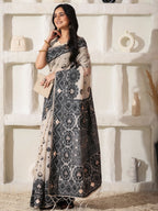 Shree Shyam Fashion Linen Cotton Black & Cream Saree - Distacart