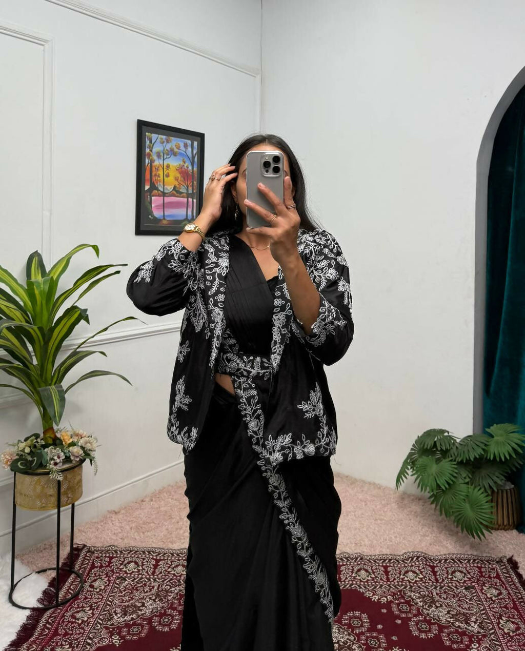 Teeya Creation Black Color Chinon Silk Wedding Wear Ready To Wear Saree With Koti - Distacart