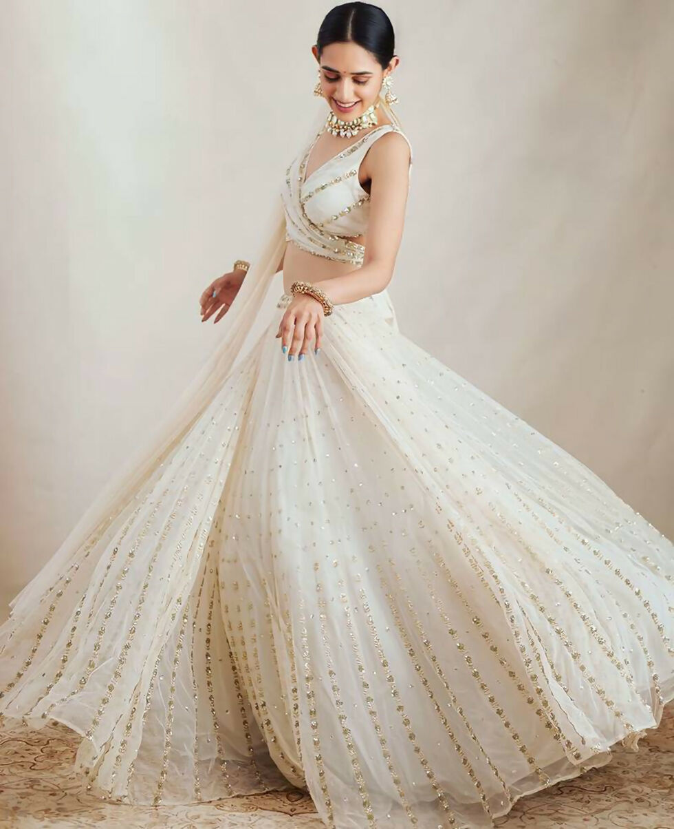 Jyoti Fashion Graceful Off White Sequence With Zari Embroidered Georgette Lehenga Choli with Dupatta