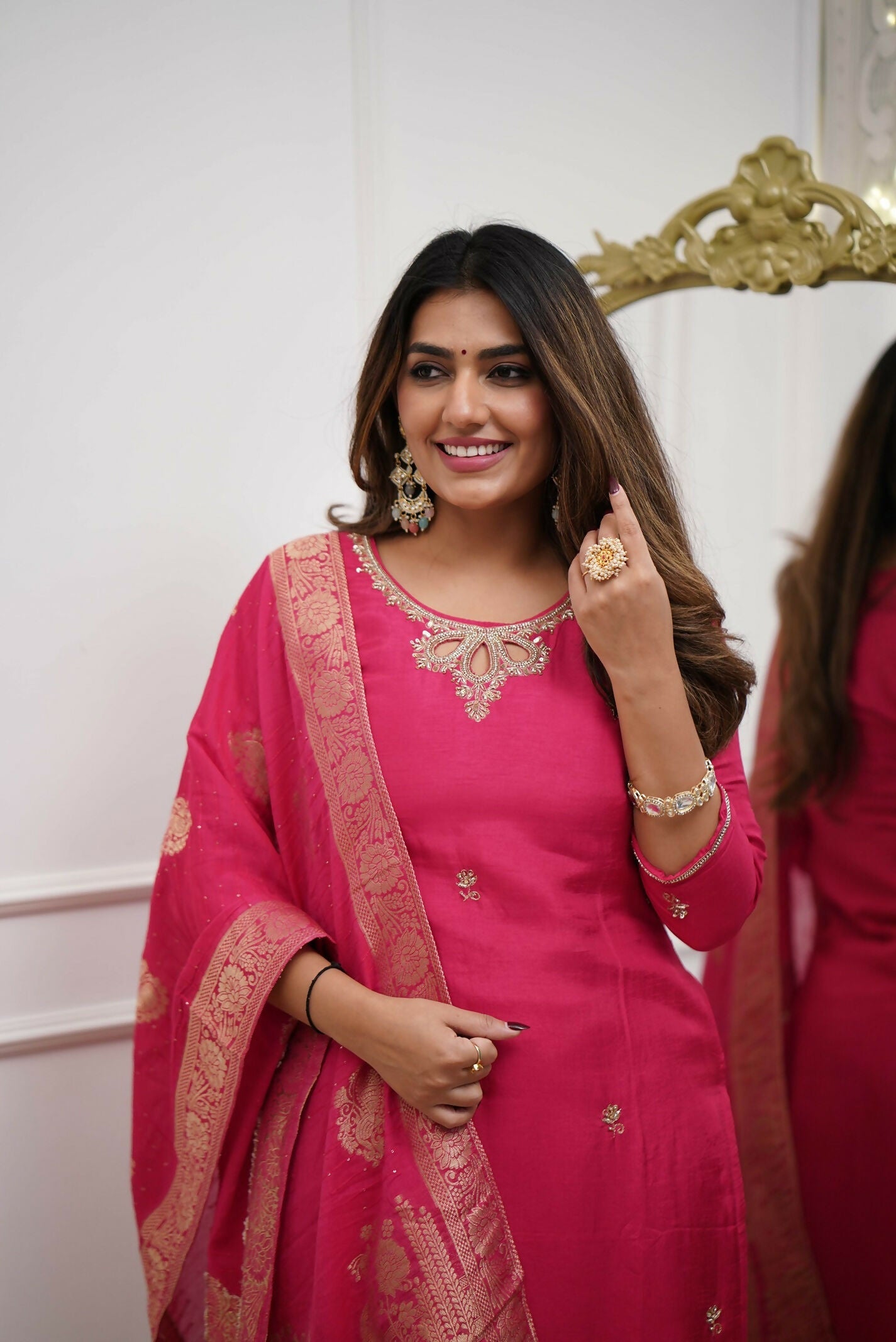 The52 Gajri Women's Gorgeous Embroidered Viscose Chanderi Fabric Straight Kurta Pant with Dupatta Set - Distacart