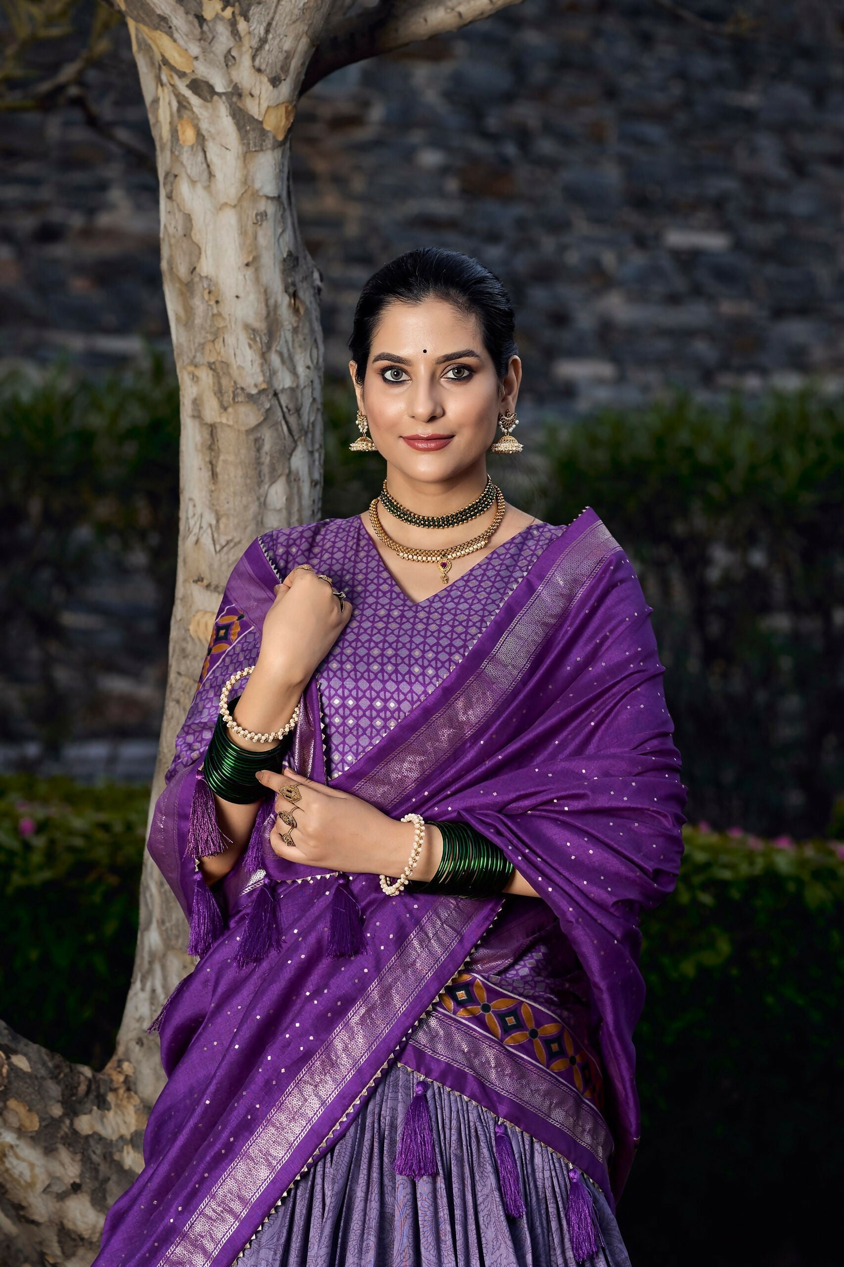 Vastranavya Floral Print With Foil Print Tussar Silk Lehenga With Unstitched Blouse - Purple