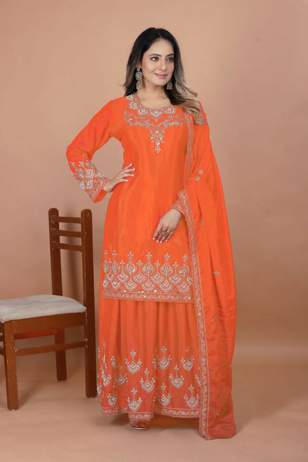 Teeya Creation Orange Chinon Embroidery Work Party Wear Palazzo Suit