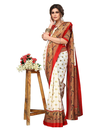 Vamika white & red Printed Art Silk Saree