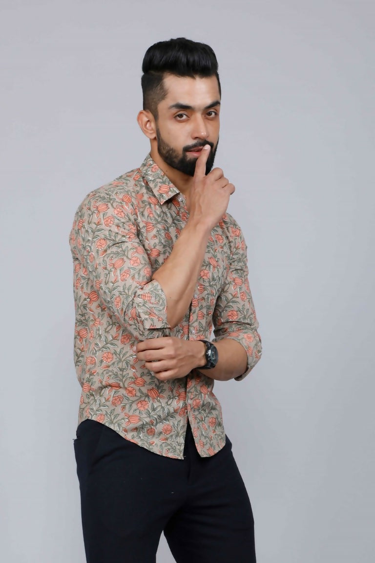 Miravan Men's Beige Comfort Floral Printed Casual Shirt