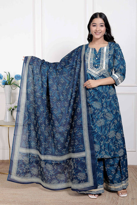 Miravan Women's Gota Patti Cotton Kurta Paired with Palazzo and Dupatta