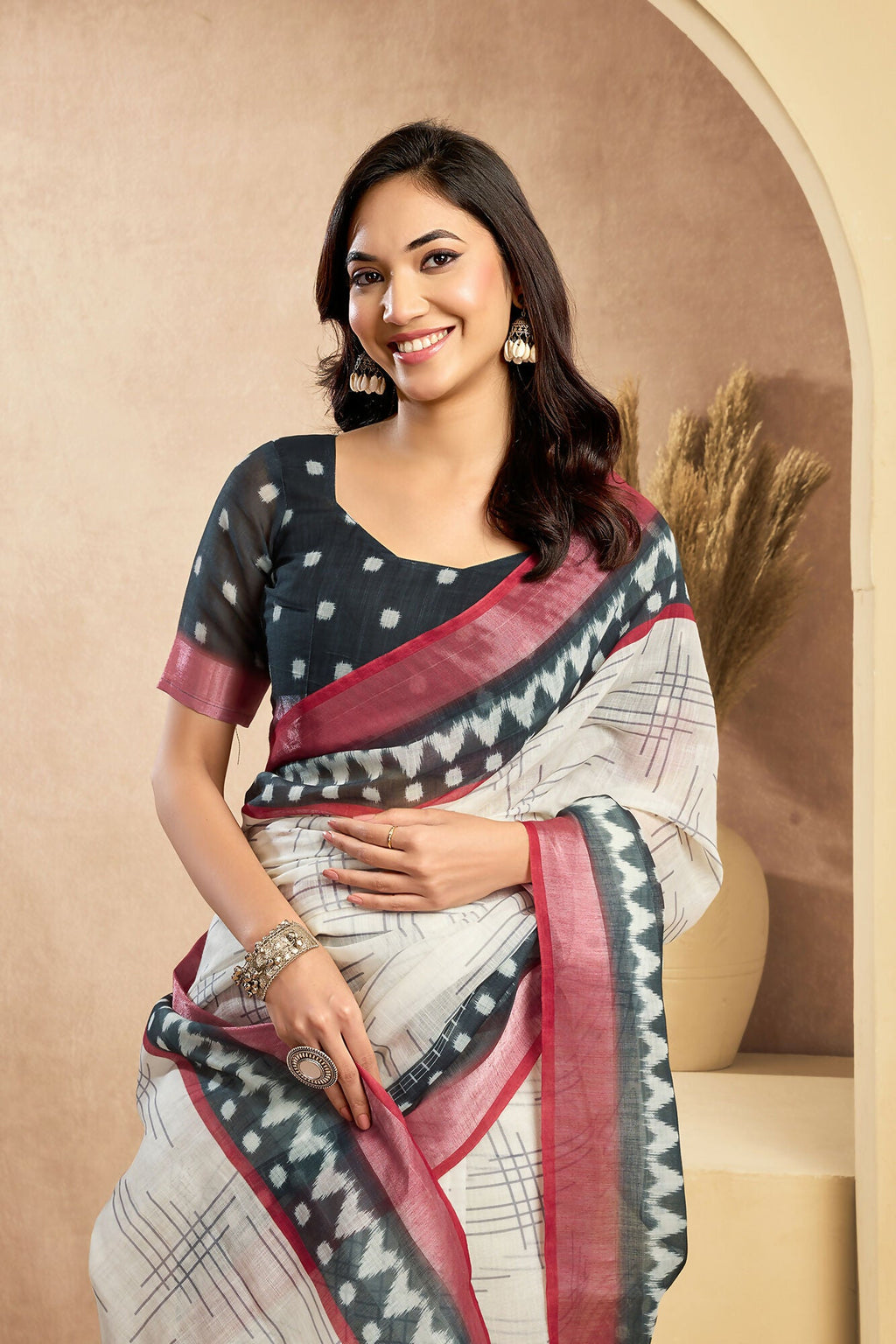 Vastranavya Digital Printed Linen Ready To Wear Pocket Saree with Unstitched Blouse - Distacart
